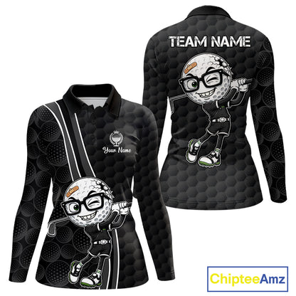 Black long-sleeve shirt with cartoon golf ball design and 'Team Name' text on a white background