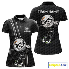 Load image into Gallery viewer, Black polo shirt with cartoon golf ball character and customizable text on a white background