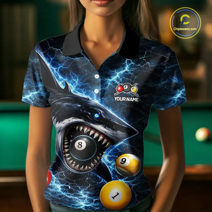 Thunder Blue Funny Shark Play Pool 8 Ball Women's Billiard Shirt Custom Billiard Team League Attire NYN2558