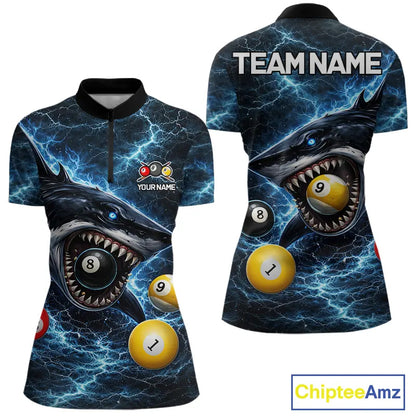 Thunder Blue Funny Shark Play Pool 8 Ball Women's Billiard Shirt Custom Billiard Team League Attire NYN2558