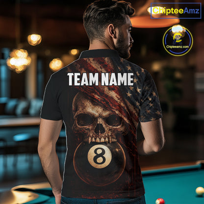 Grunge Vintage US Flag Skull Pool 8 Ball Men Billiard Shirt Custom Retro Billiard Team Attire NYN2563