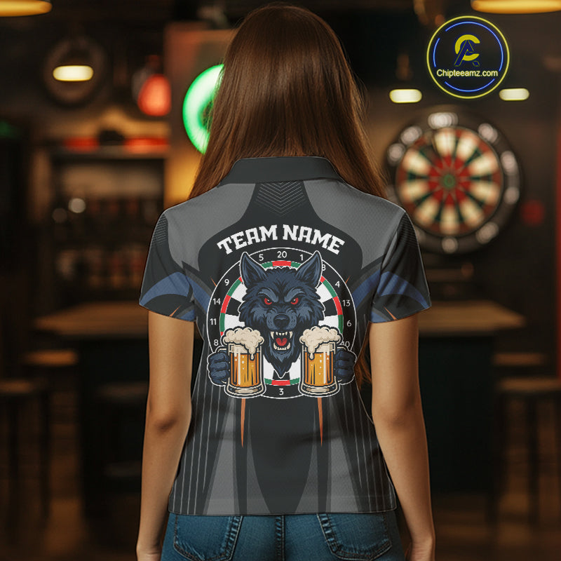 Custom Wolf With Beer Funny Dart Polo Shirts For Women Dart Team Jerseys NYN1552