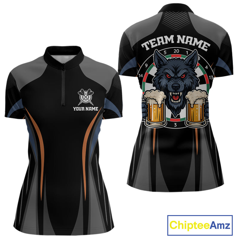 Custom Wolf With Beer Funny Dart Quarter-Zip Shirts For Women Dart Team Jerseys NYN1552
