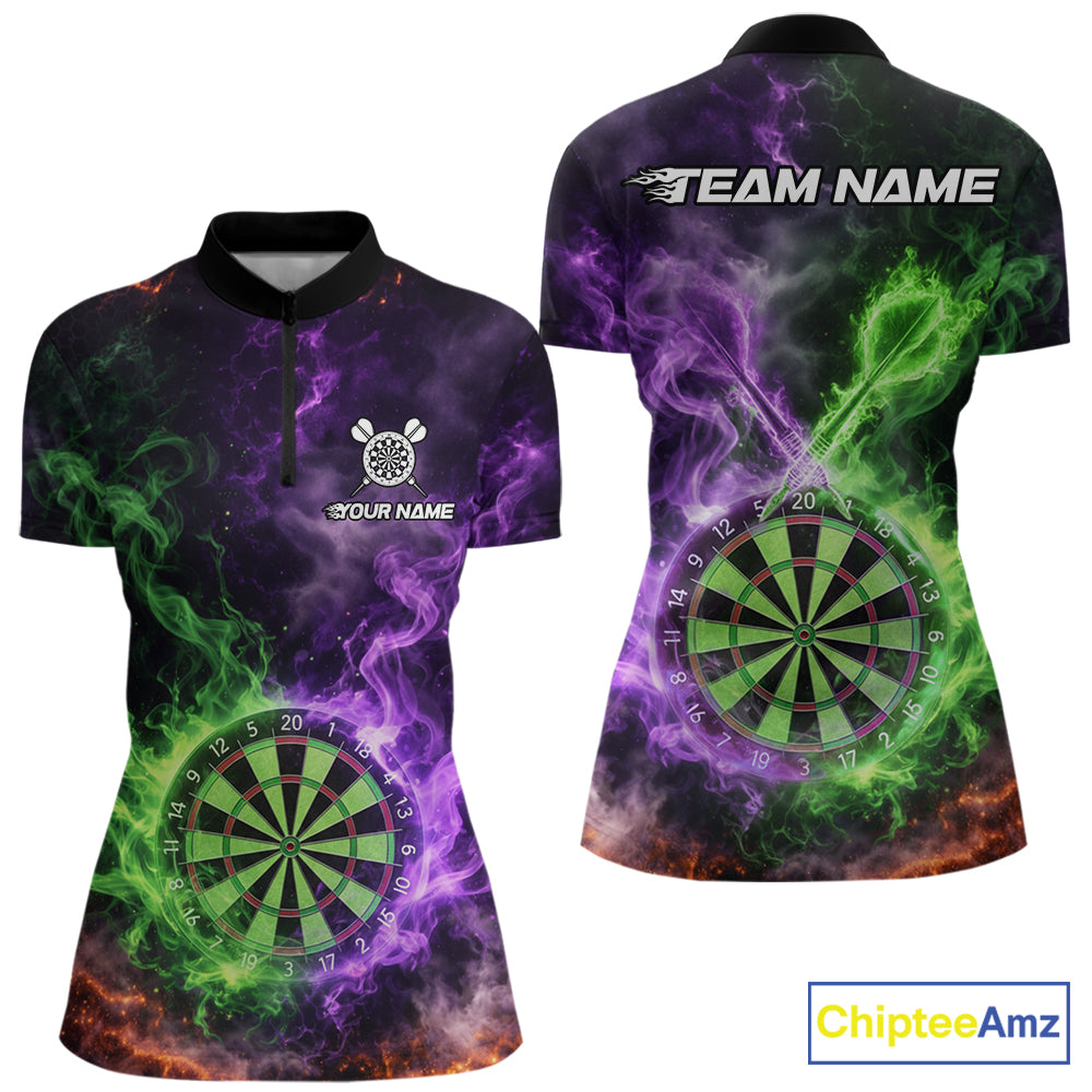 Green And Purple Flames Dartboard & Arrow Women Darts Team Shirt Personalized Dart Quarter-Zip Jerseys NYN2572