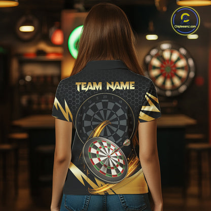Black And Gold Horror Wolf Dart Shirts For Women Custom Thunder Dartboard Dart Team Name Jerseys NYN3625