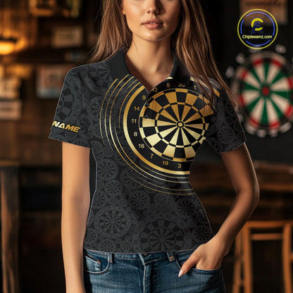 Black & Gold Gradient Dartboard Womens Dart Polo Quarter Zip Shirts Custom Team Name Dart Jerseys NYN3630