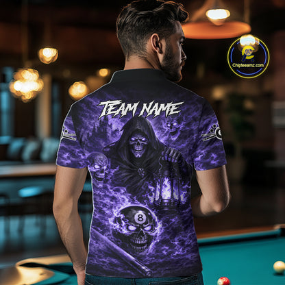 Fire Flames Purple Grim Reaper Skull 8 Ball Pool Men Billiard Shirt Personalized Billiard Team Names NYN2736