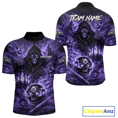 Fire Flames Purple Grim Reaper Skull 8 Ball Pool Men Billiard Shirt Personalized Billiard Team Names NYN2736