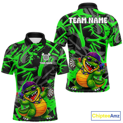 Green Grafffiti Play Darts Polo & Quarter Zip Shirt Personalized Funny Crocodile Men Darts Jersey NYN2948