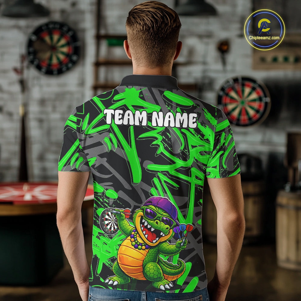 Green Grafffiti Play Darts Polo & Quarter Zip Shirt Personalized Funny Crocodile Men Darts Jersey NYN2948