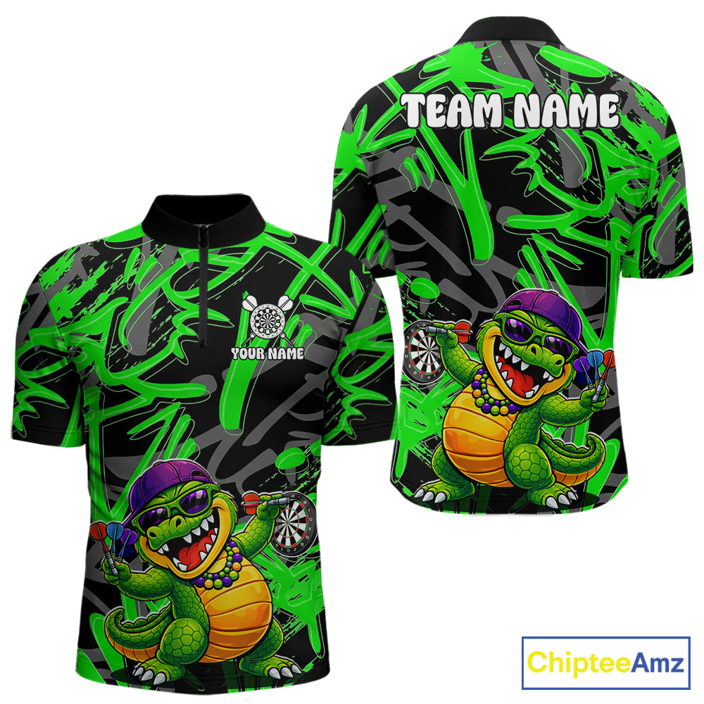 Green Grafffiti Play Darts Polo & Quarter Zip Shirt Personalized Funny Crocodile Men Darts Jersey NYN2948