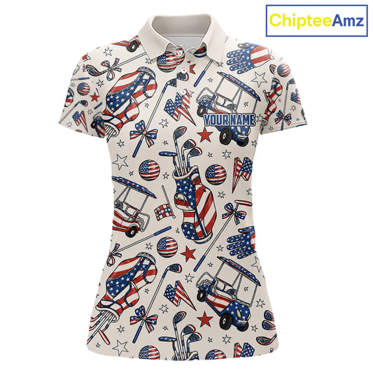 Women's patriotic golf polo with pink golf clubs, custom golf shirt for Memorial Day, Independence Day, golf tournaments and women's golf clubs