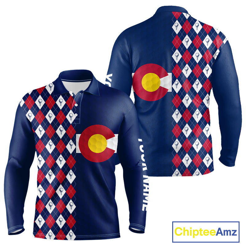 Men's golf polo featuring Colorado flag with classic golf ball argyle pattern, personalized golf apparel for mountain golf courses, golf vacations, outdoor enthusiasts and Colorado state pride, symbolizing adventure and heritage.