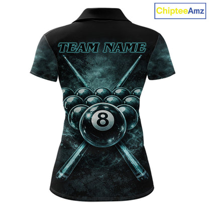 Custom Teal Smoke Grunge Skull Pool 8 Ball Women Billiard Shirt Personalized Ball Billiard Attire NYN2592