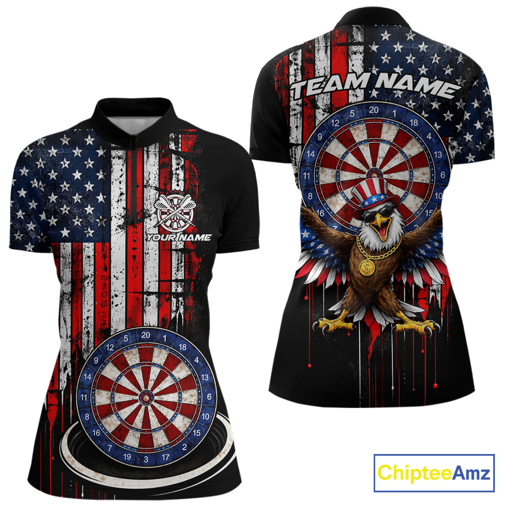 Custom Funny Rich Eagle Grunge US Flag Darts Quarter-Zip Shirts For Women Patriotic Darts Team Jerseys NYN2757