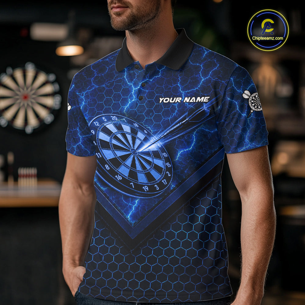 Blue Hexagon Pattern Thunder Lightning Mens Darts Shirt Personalized Dart Team Jerseys For Darters NYN3164