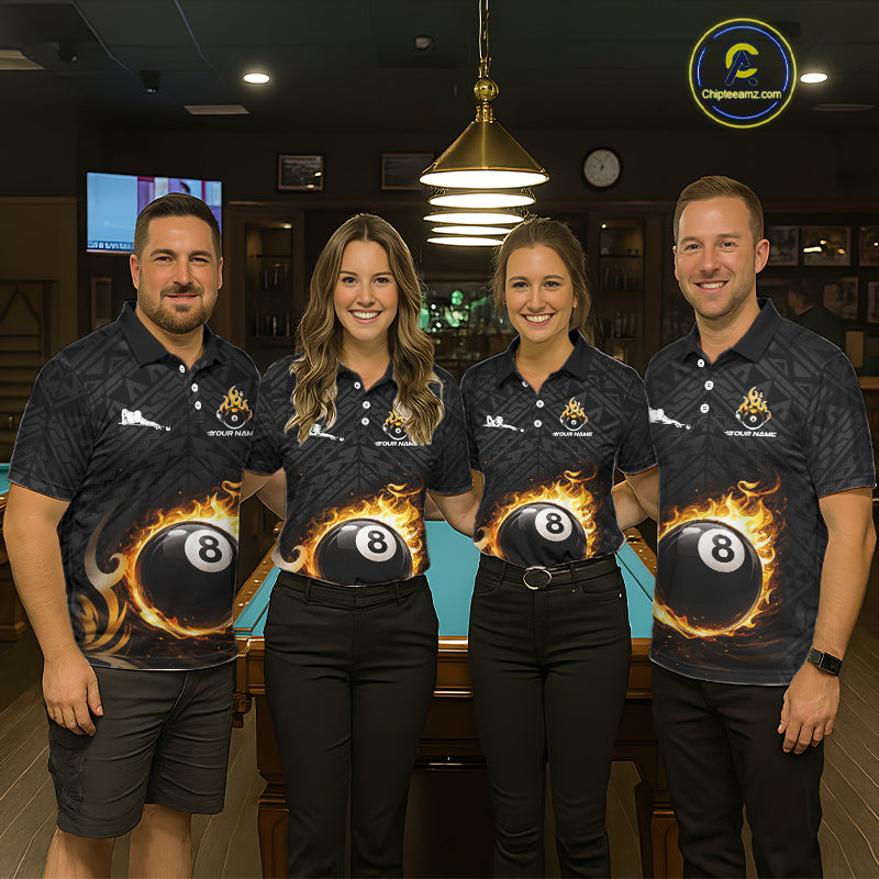 Yellow Tribal Flaming Pool 8 Ball Women Billiard Polo & 1/4-Zip Shirt Personalized Billiard Attire NYN2601