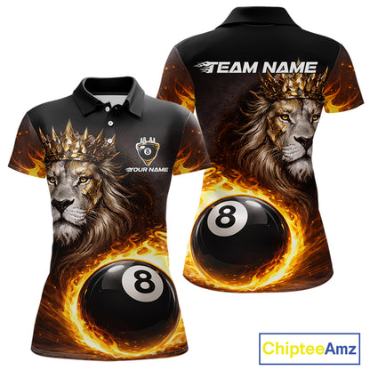 Yellow Flames Crown Lion Pool 8 Ball Women Billiard Polo & 1/4-Zip Shirt Custom Billiard Attire NYN2605