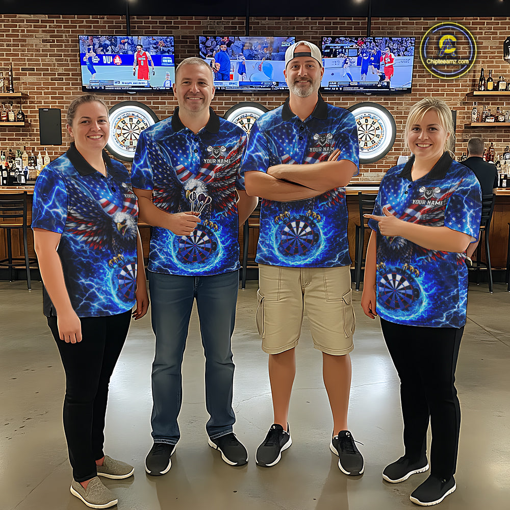 Patriotic Eagle Blue Flames Thunder Dartboard Men Darts Polo Shirt Custom US Flag Darts Jersey NYN2607