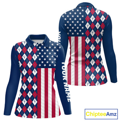 Womens Golf Polo Shirts American Flag Patriotic Custom Golf Ball Argyle Pattern Womens Golf Polos NYN3381