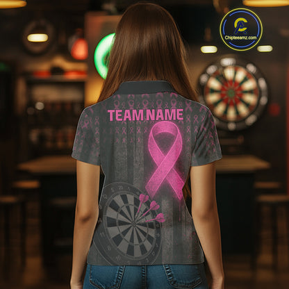 Grunge Pink Ribbon Dartboard Custom Breast Cancer Awareness Darts Polo Shirt For Women NYN1825