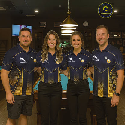 Men women pool team wearing matching Yin Yang billiard jerseys for league championships, representing teamwork, balance, discipline and competitive excellence.