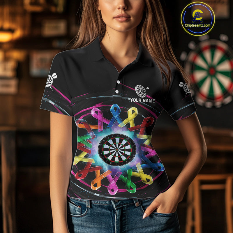 Multicolor Ribbon Circle Dartboard Custom Breast Cancer Awareness Darts Women Polo Shirt NYN1831
