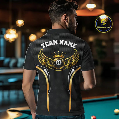 Black & Gold 8 Ball Crown Men's Billiard Polo & 1/4 Zip Shirt Custom Pool Billiard Jerseys NYN2346
