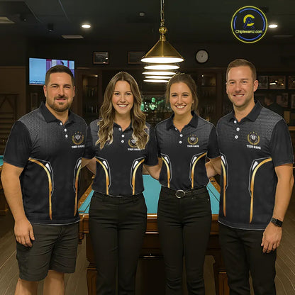 Black & Gold 8 Ball Crown Men's Billiard Polo & 1/4 Zip Shirt Custom Pool Billiard Jerseys NYN2346