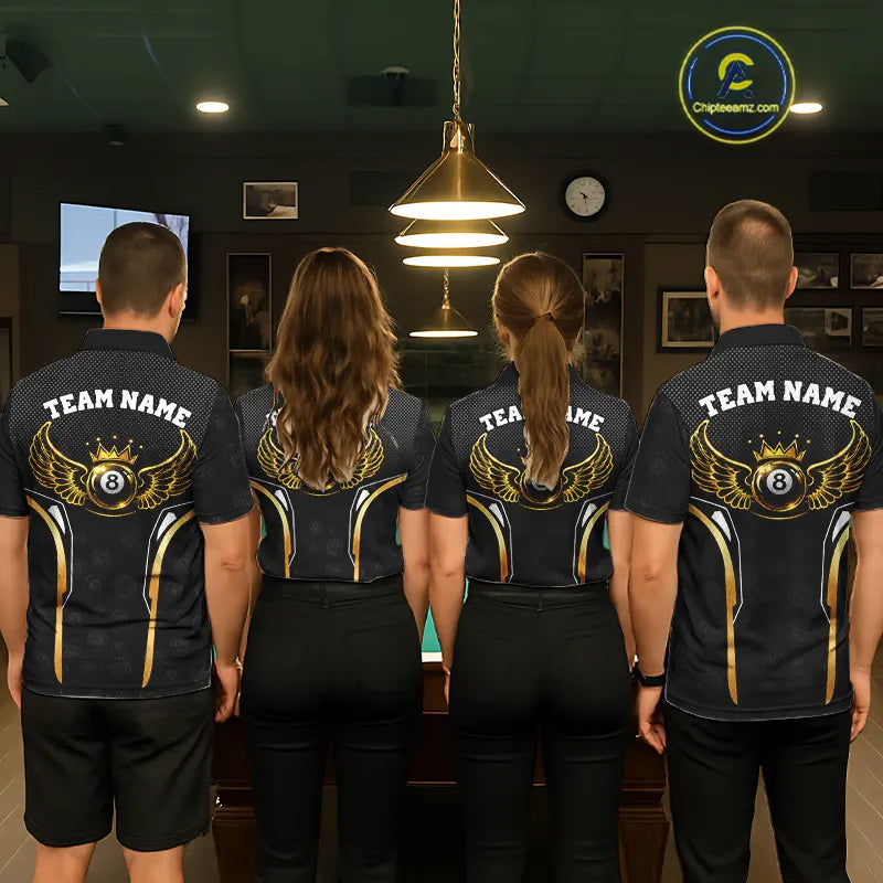 Black & Gold 8 Ball Crown Men's Billiard Polo & 1/4 Zip Shirt Custom Pool Billiard Jerseys NYN2346