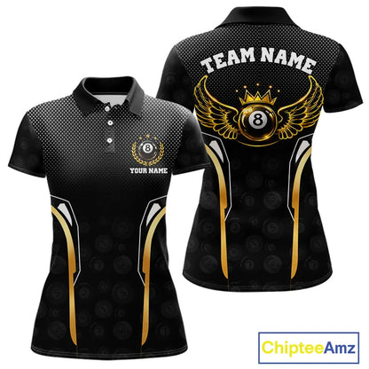 Black & Gold 8 Ball Crown Women's Billiard Polo & 1/4 Zip Shirt Custom Pool Billiard Jerseys NYN2346