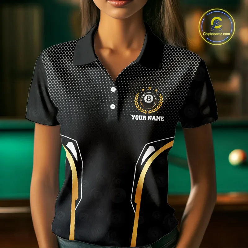 Black & Gold 8 Ball Crown Women's Billiard Polo & 1/4 Zip Shirt Custom Pool Billiard Jerseys NYN2346