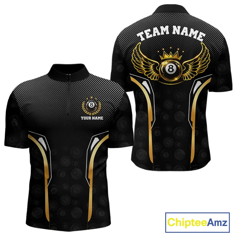 Black & Gold 8 Ball Crown Men's Billiard Polo & 1/4 Zip Shirt Custom Pool Billiard Jerseys NYN2346
