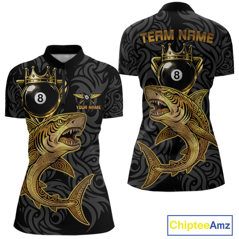 Gold 8 Ball Crown Women's Billiard Team Shirt Custom Shark Tribal Pool Billiard Jerseys NYN2347