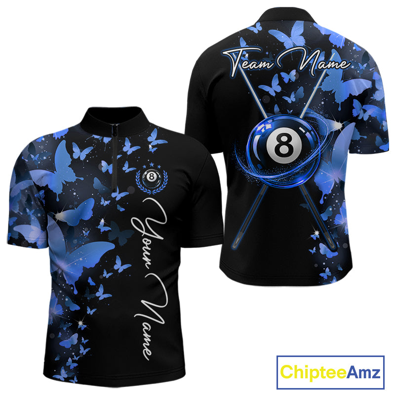 Men's quarter-zip billiard jersey featuring blue lightning with butterfly artwork and glowing 8 ball graphics, premium tournament apparel for BCA championships, league play and custom team uniforms, representing focus, confidence and excellence.