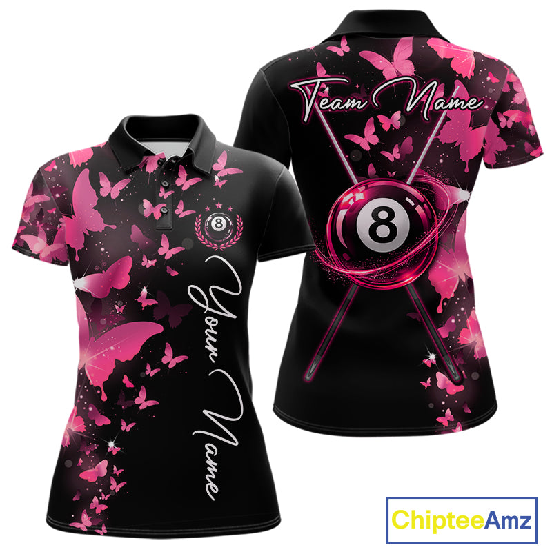 Women's billiard polo featuring funny butterfly, pink lightning and glowing 8 ball graphics, personalized performance apparel for women's pool leagues, butterfly lovers, creative athletes and custom billiard uniforms, symbolizing beauty, confidence and transformation.