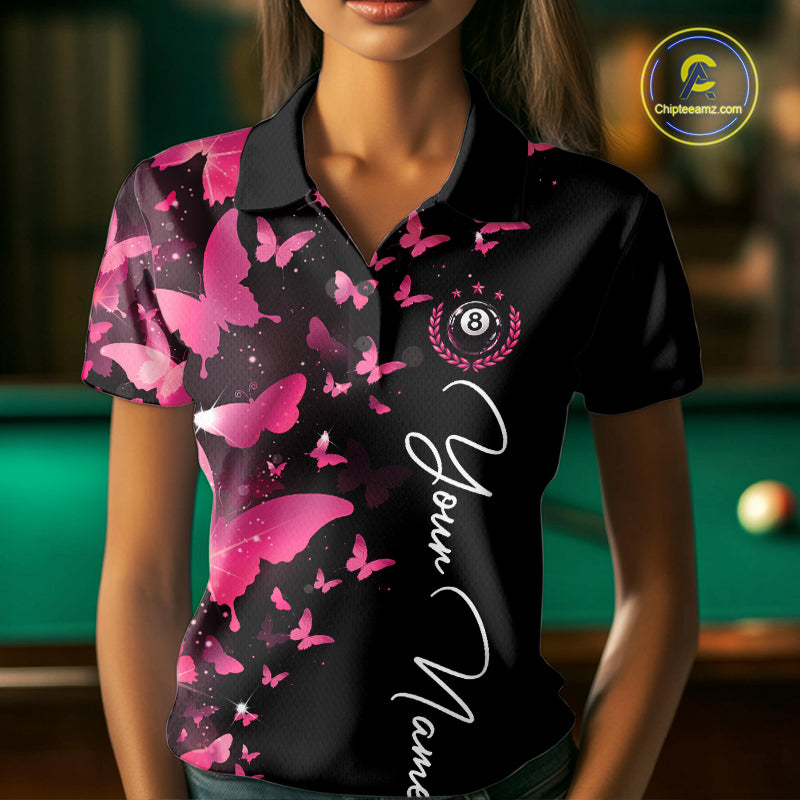 Female billiard player wearing pink lightning butterfly billiard jersey during league tournament, premium athletic apparel for artistic sports enthusiasts, butterfly fans and competitive players, symbolizing confidence, friendship and success.