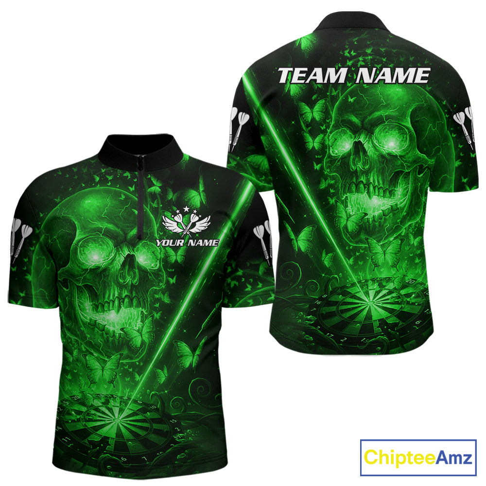 Lightning Green Butterflies Skull Dartboard Custom Men Darts 1/4-Zip Shirt Dart Jerseys NYN2354
