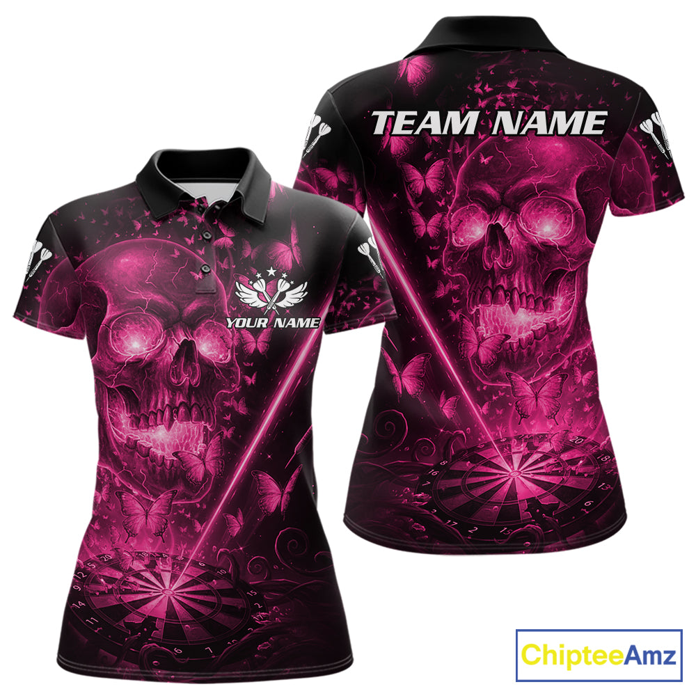 Lightning Pink Butterflies Skull Dartboard Custom Women Darts Polo Shirt Dart Jerseys NYN2355