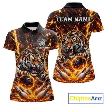 Custom Orange Fire Flaming Tiger Bowling Shirts For Women Tiger Bowling Tournament Shirt NYN3944