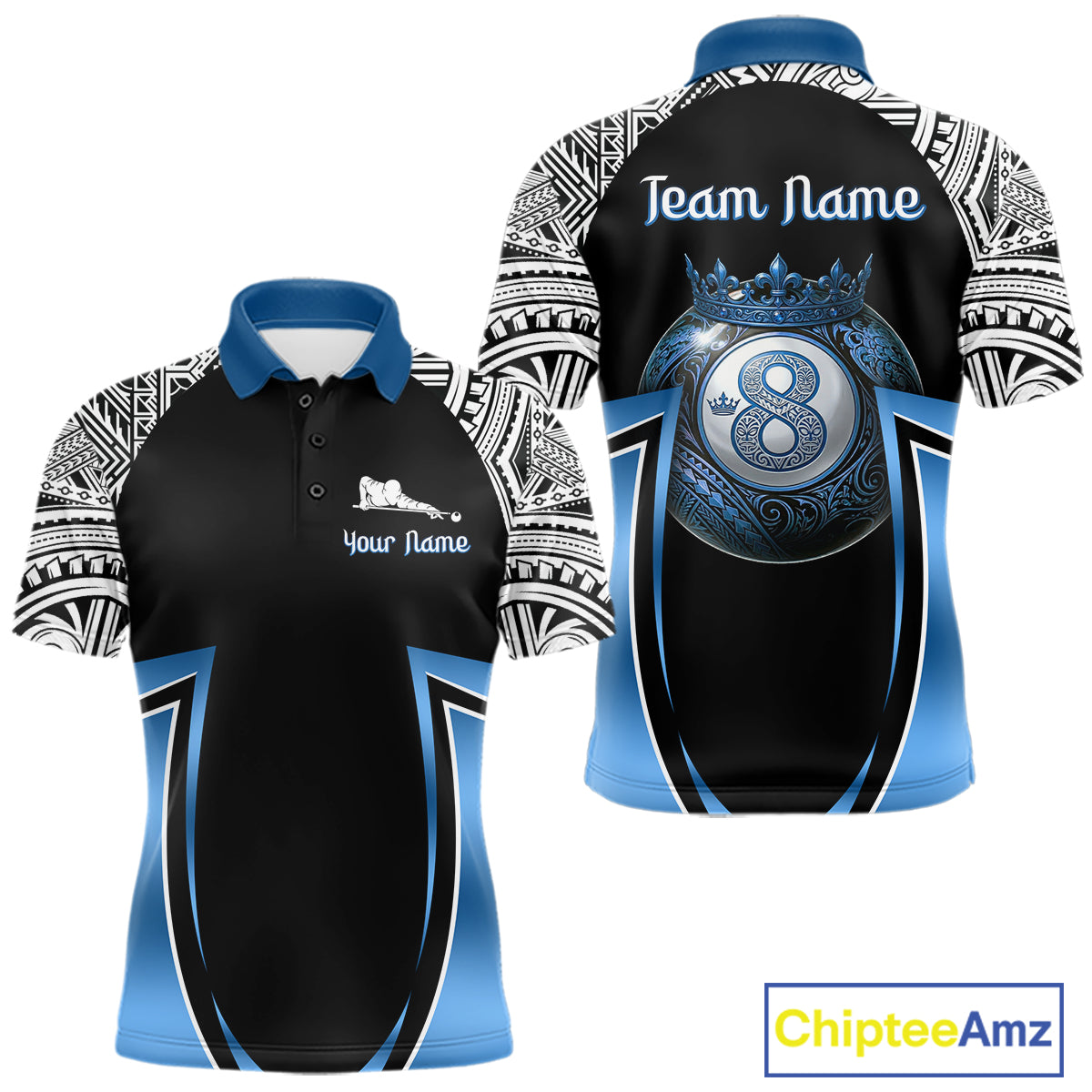 Blue Tribal 8 Ball Billiard Shirt For Men Personalized Tribal Pool Polo & 1/4-Zip Team Jersey NYN2984