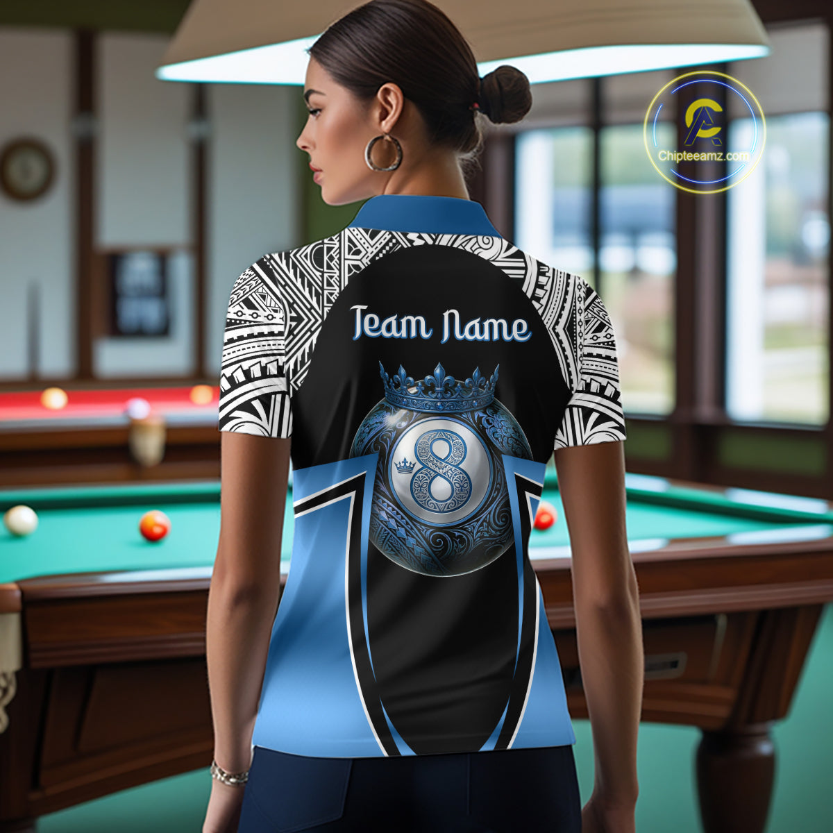 Blue Tribal 8 Ball Billiard Shirt For Women Personalized Tribal Pool Polo & 1/4-Zip Team Jersey NYN2984