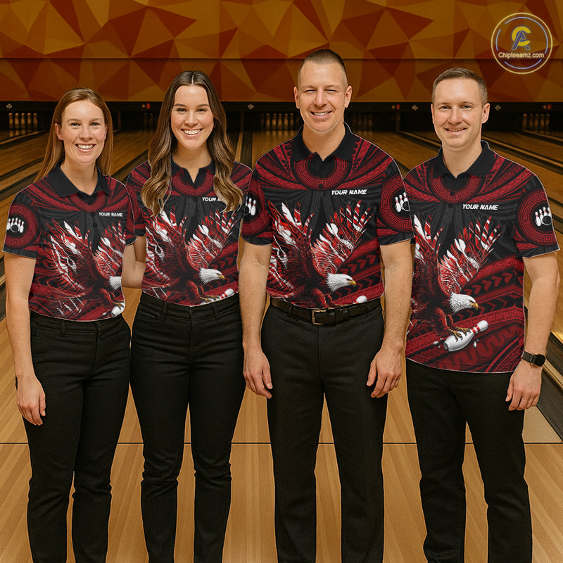 Custom Red Tribal Pattern Polynesian Eagle Bowling Men Polo Quarter-Zip Shirts, Bowling Team Attire NYN3687