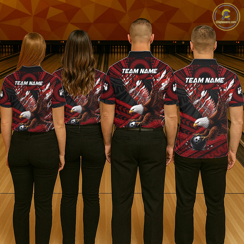 Custom Red Tribal Pattern Polynesian Eagle Bowling Men Polo Quarter-Zip Shirts, Bowling Team Attire NYN3687