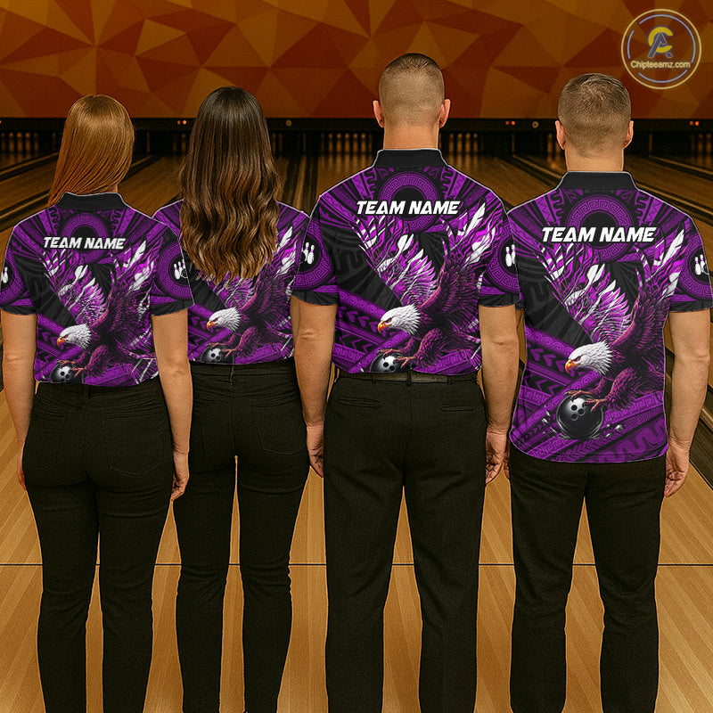 Custom Purple Tribal Pattern Polynesian Eagle Bowling Men Polo Quarter-Zip Shirts, Bowling Team Attire NYN3689