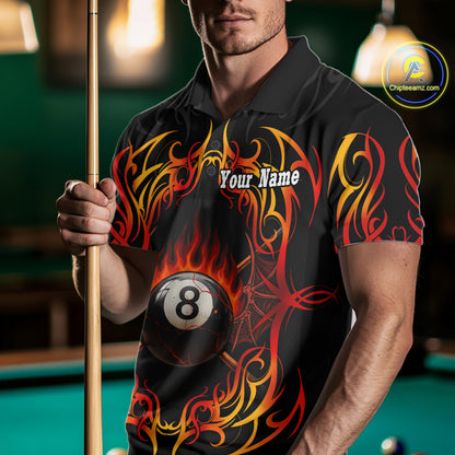 Skull Tribal Ball Pool Men Billiard Polo & 1/4-Zip Shirts Custom Flame 8 Ball Billiard Attire NYN2389