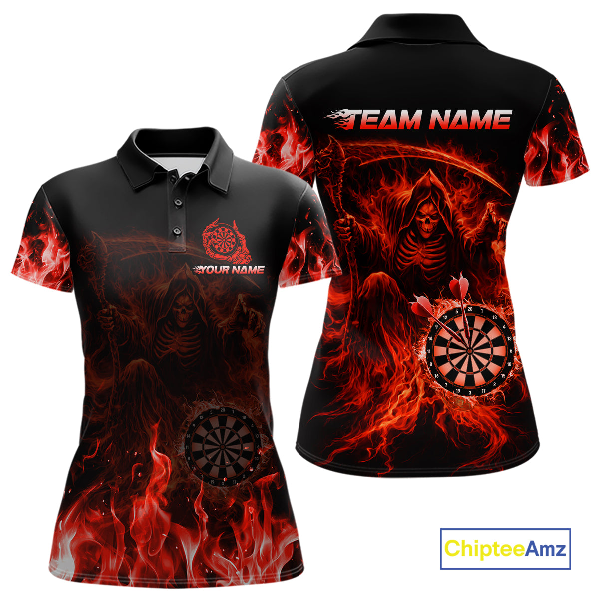 Custom Red Flaming Grim Reaper Dartboard Women Dart Polo Shirt Personalized Skull Dart Team Jerseys NYN2774