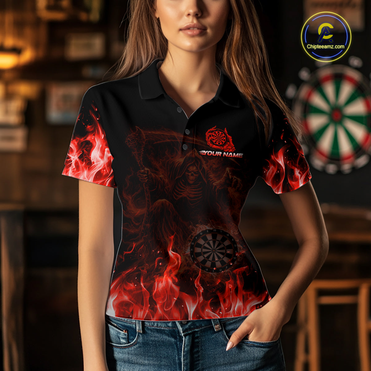 Custom Red Flaming Grim Reaper Dartboard Women Dart Polo Shirt Personalized Skull Dart Team Jerseys NYN2774