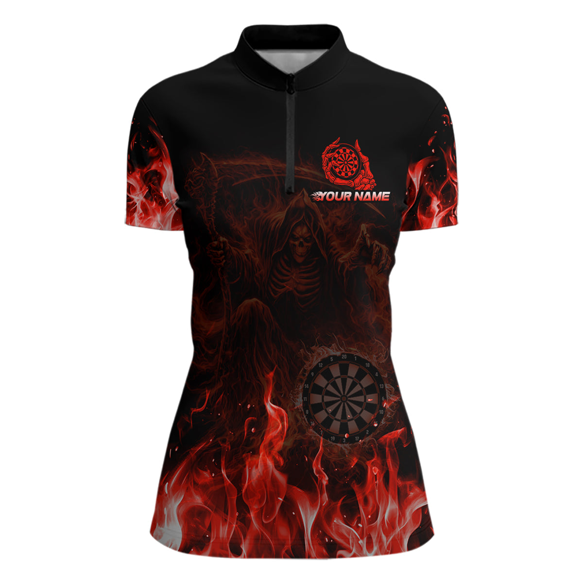 Custom Red Flaming Grim Reaper Dartboard Women Dart Polo Shirt Personalized Skull Dart Team Jerseys NYN2774