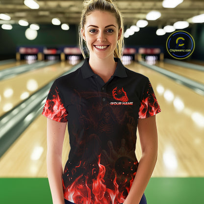 Personalized Red Flaming Grim Reaper Bowling Team Shirts For Women Bowling Polo & 1/4-Zip Jersey NYN2776
